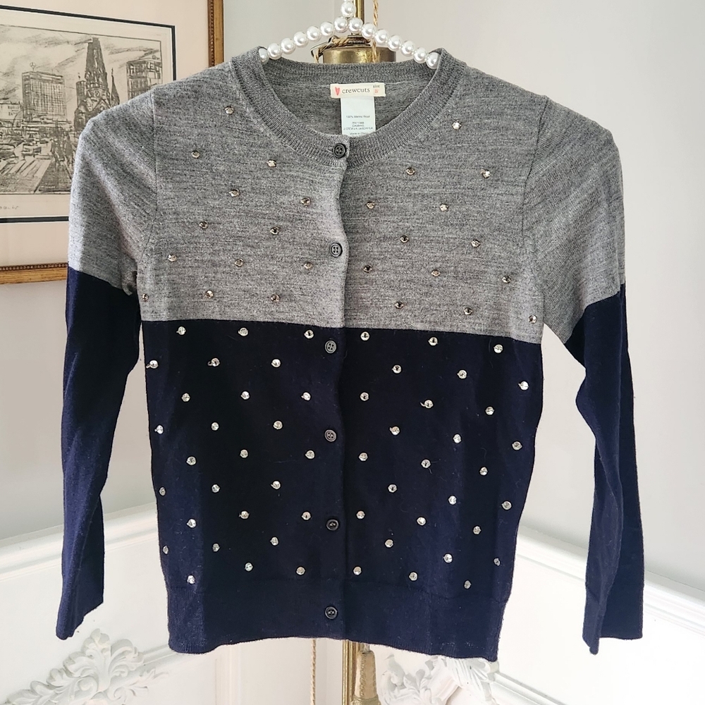 Girls Gray and Navy Polka Dot Cardigan